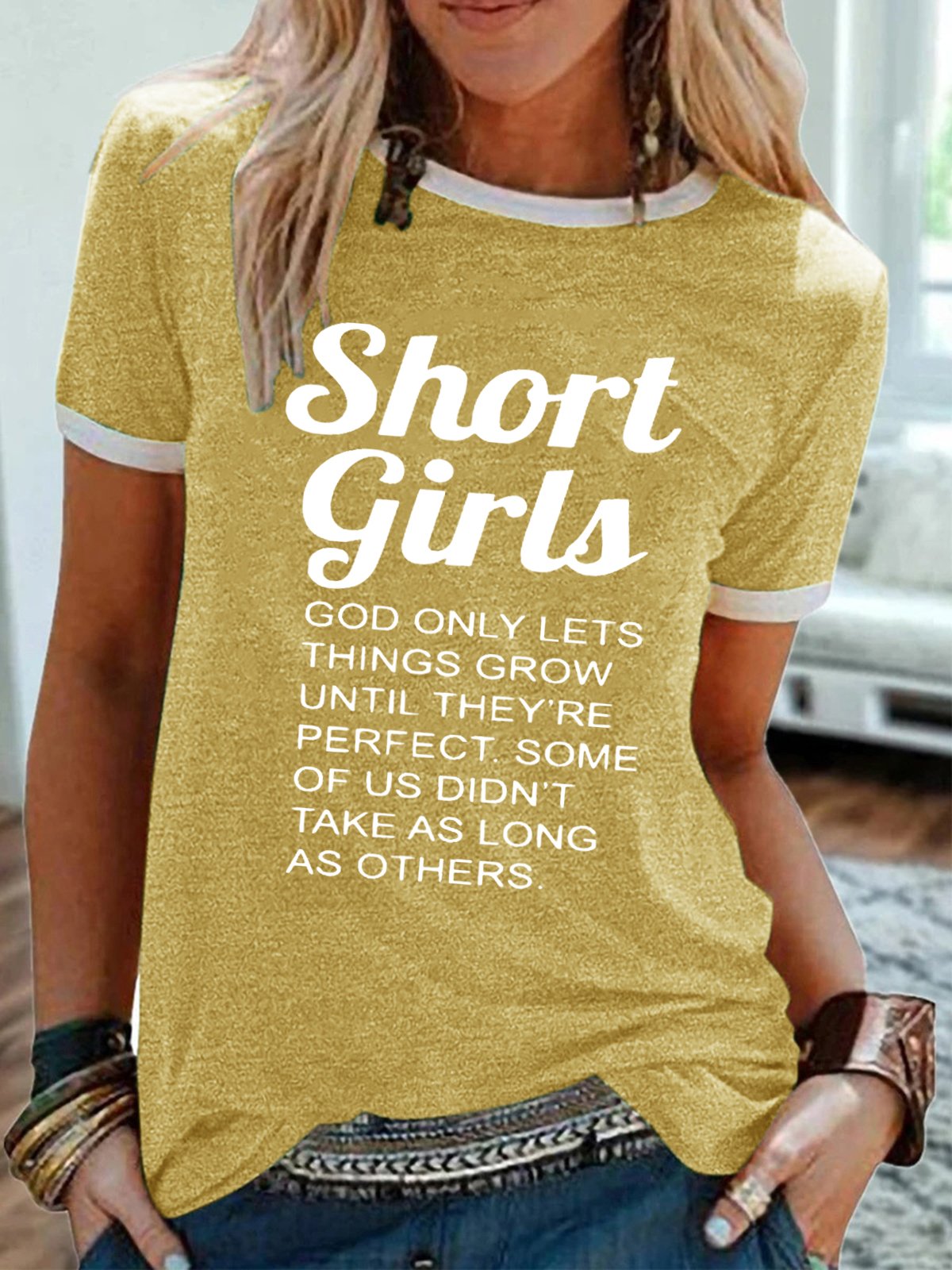 Women's Funny Short Girl Crew Neck Casual T-shirt