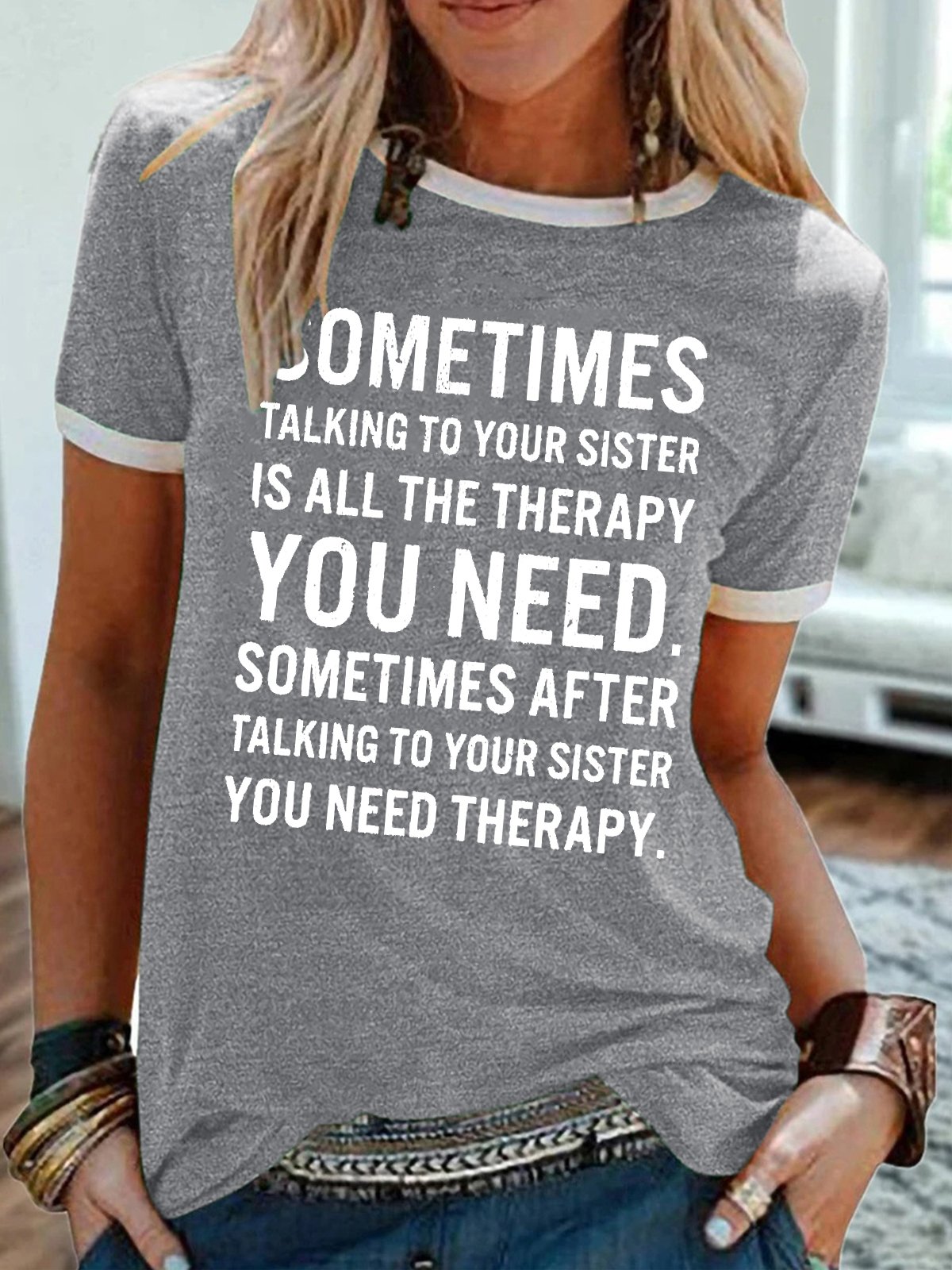 Womens Funny Sister Saying Crew Neck Letters T-Shirt