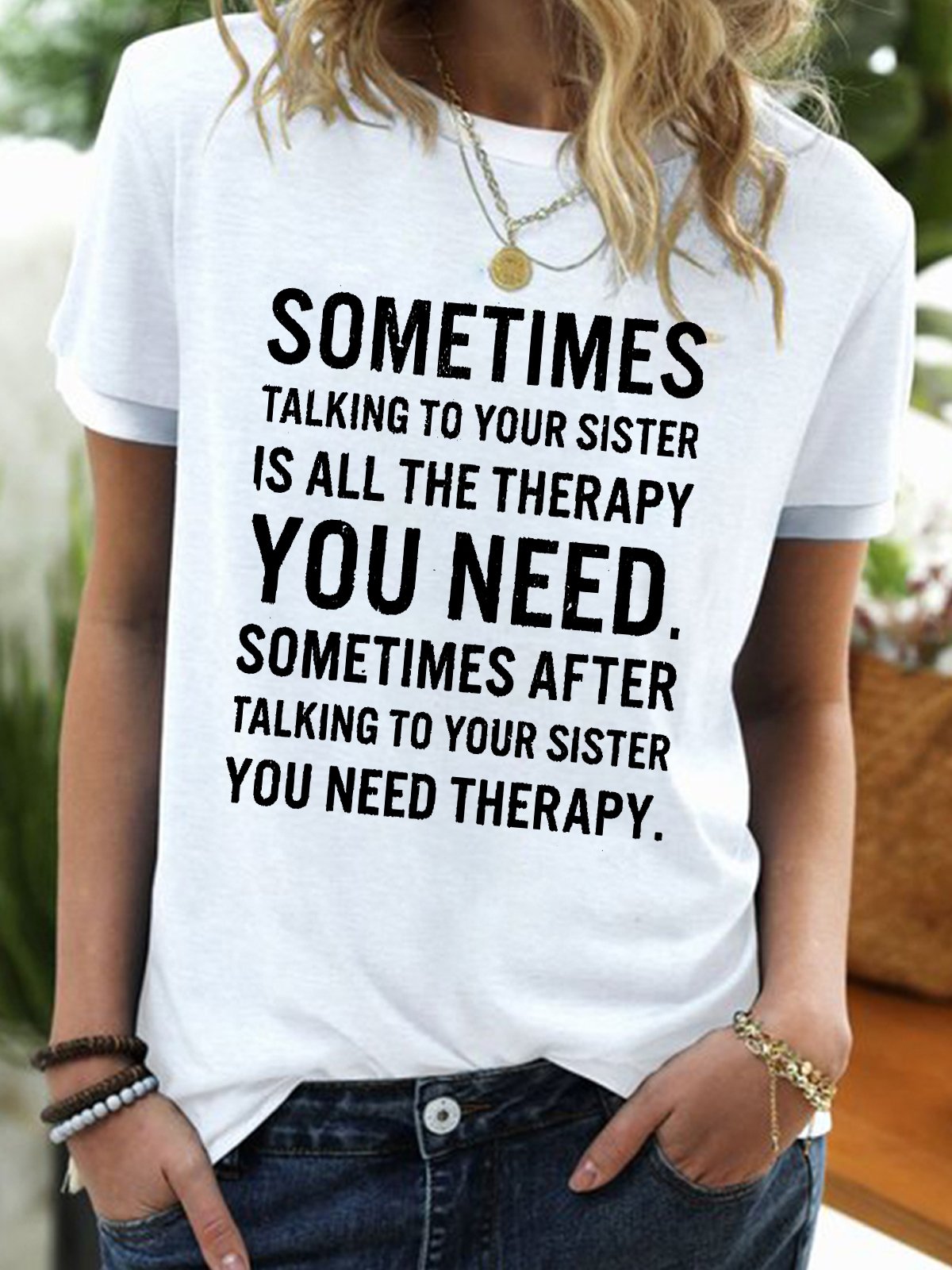 Womens Funny Sister Saying Crew Neck Letters T-Shirt