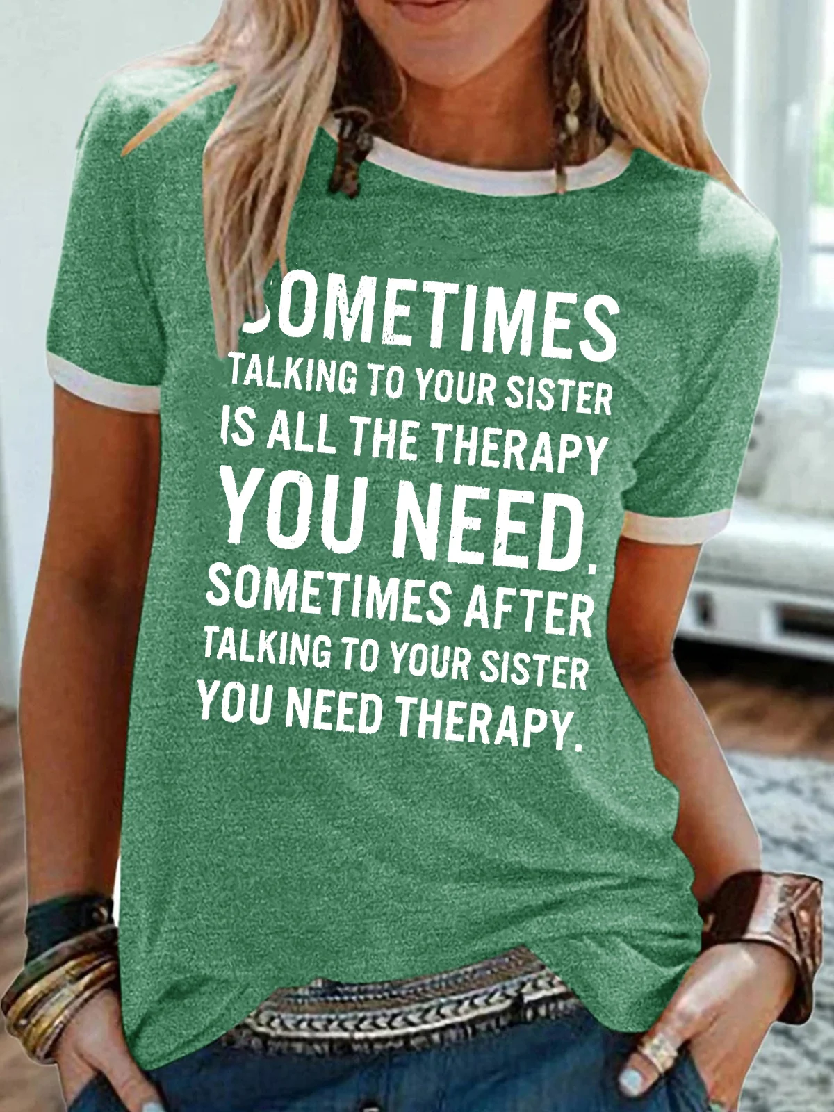 Womens Funny Sister Saying Crew Neck Letters T-Shirt