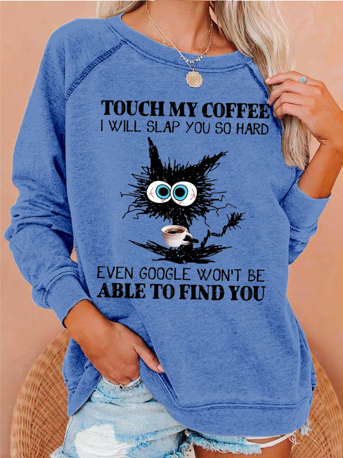 Womens Funny Coffee Crazy Black Cat Crew Neck Sweatshirt