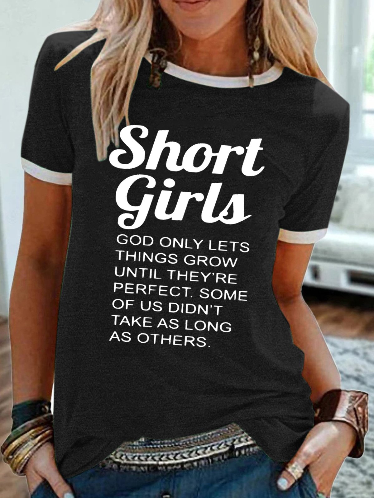 Women's Funny Short Girl Crew Neck Casual T-shirt