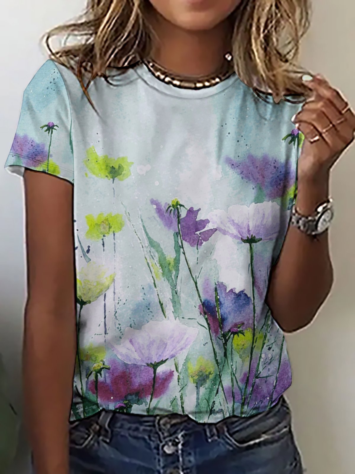 Women Large Format Flowers Pattern Loose Crew Neck Cotton-Blend T-Shirt