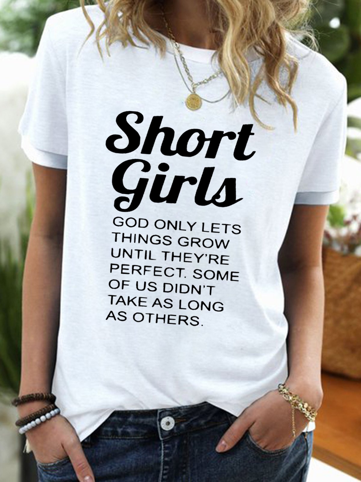 Women's Funny Short Girl Crew Neck Casual T-shirt