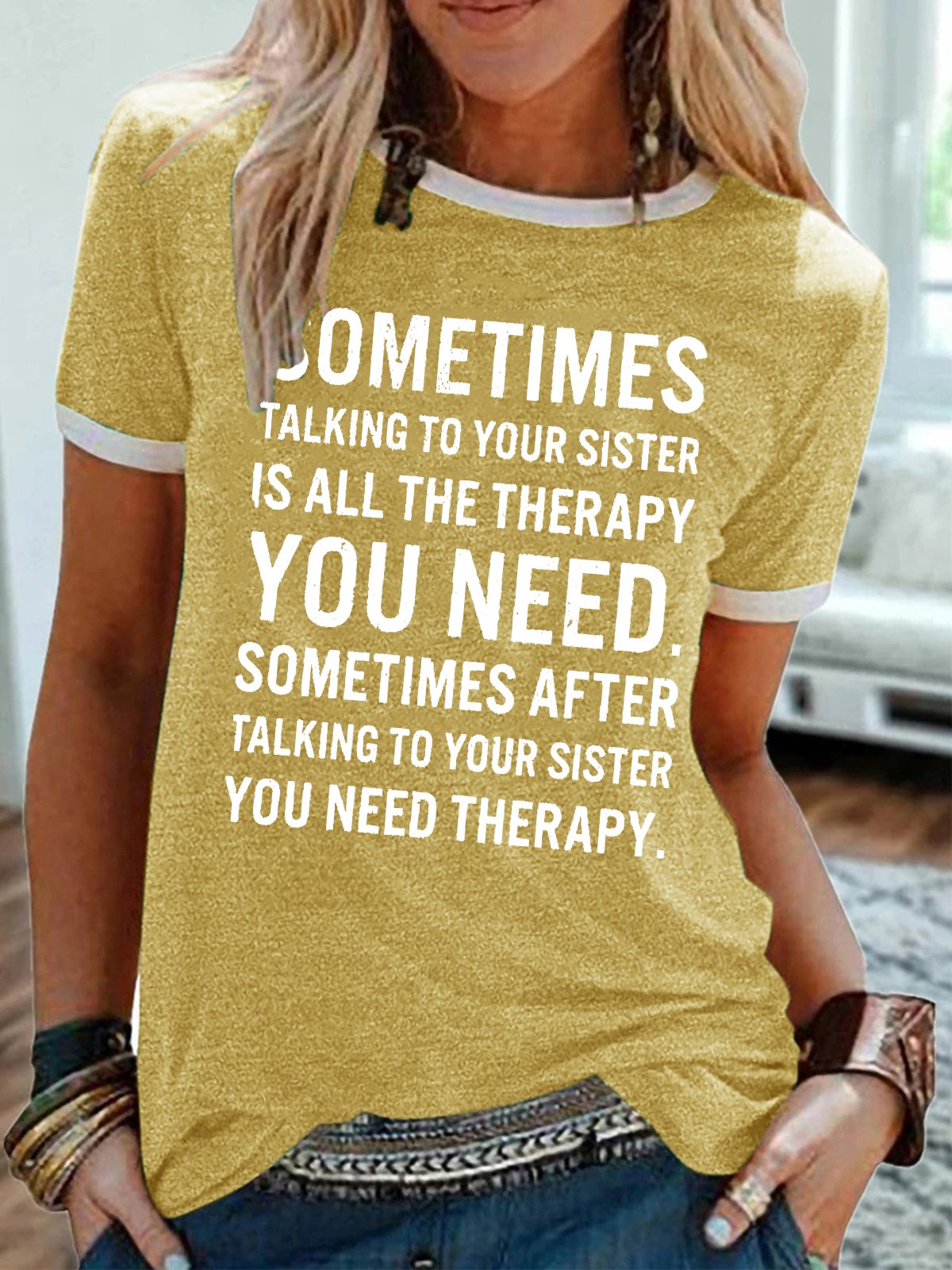 Womens Funny Sister Saying Crew Neck Letters T-Shirt