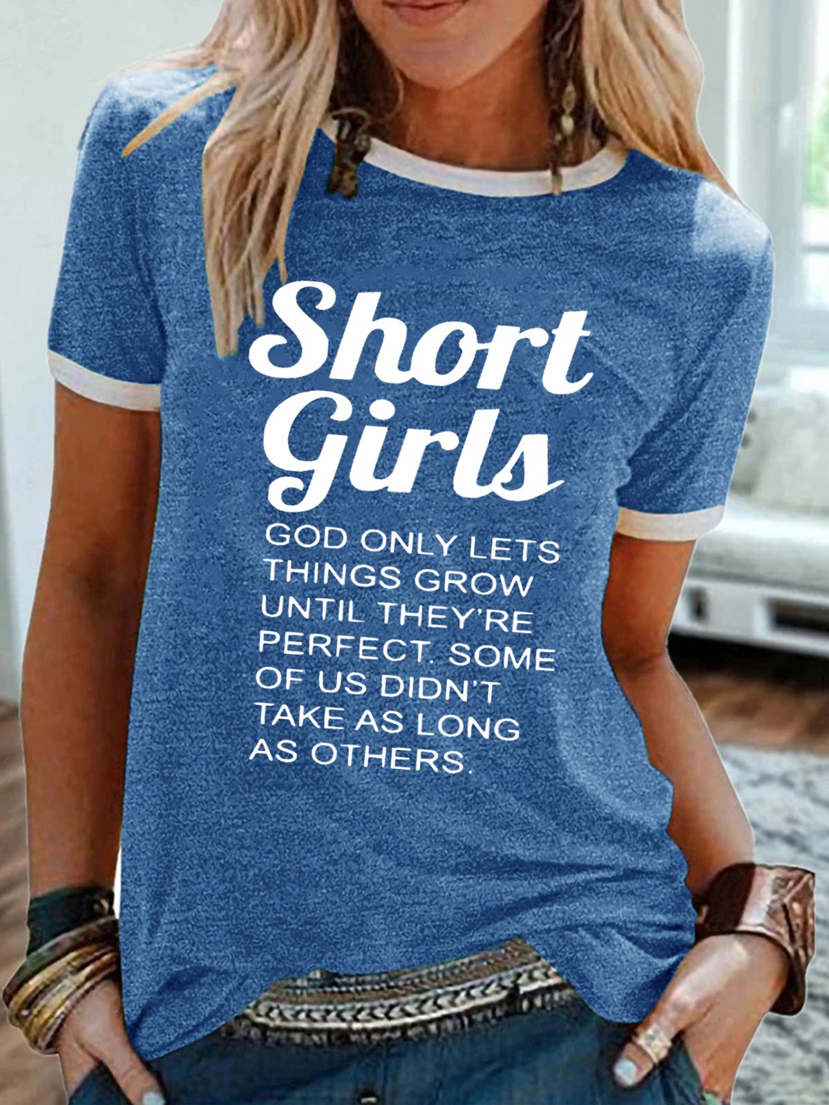 Women's Funny Short Girl Crew Neck Casual T-shirt