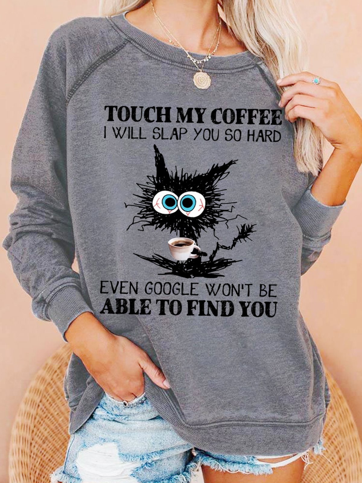 Womens Funny Coffee Crazy Black Cat Crew Neck Sweatshirt