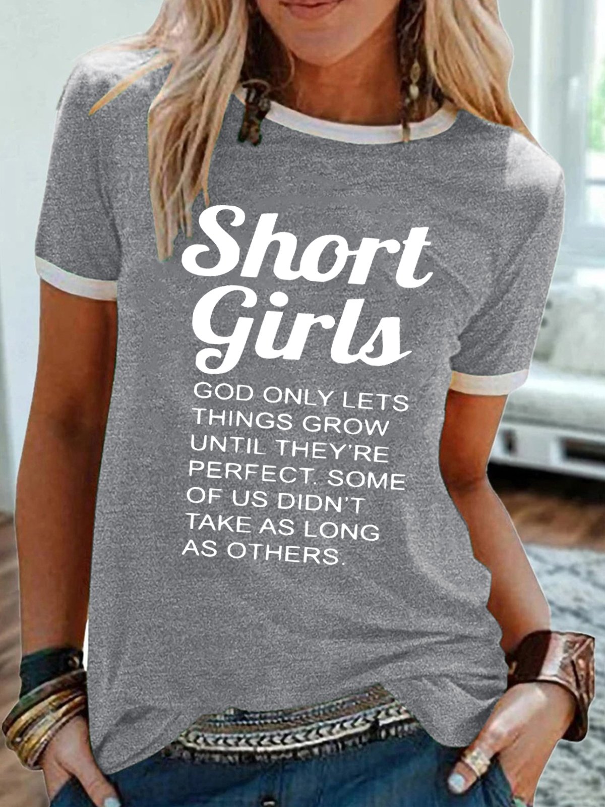 Women's Funny Short Girl Crew Neck Casual T-shirt