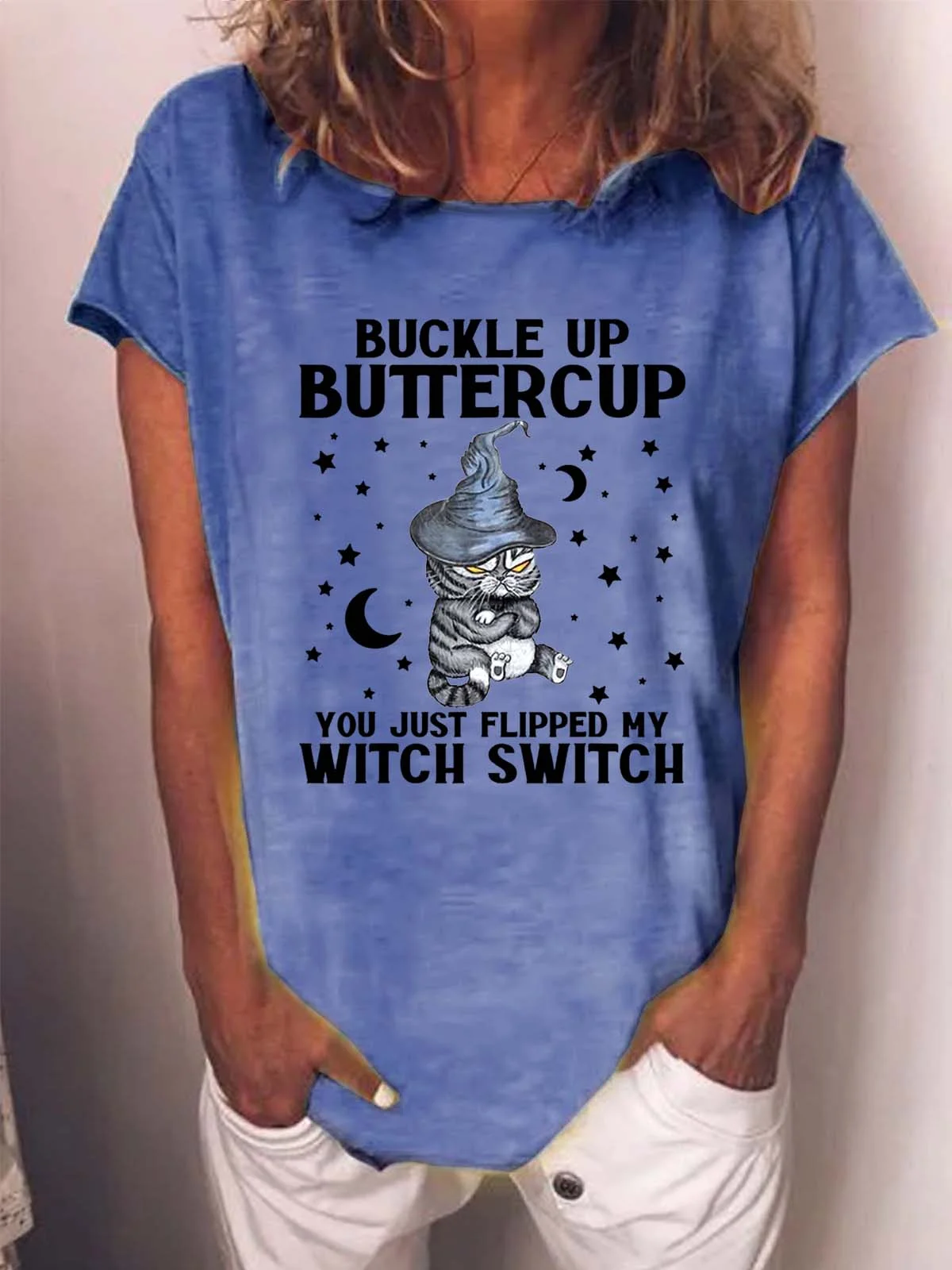 Women's Halloween Witch Black Cat Cotton-Blend T-shirt