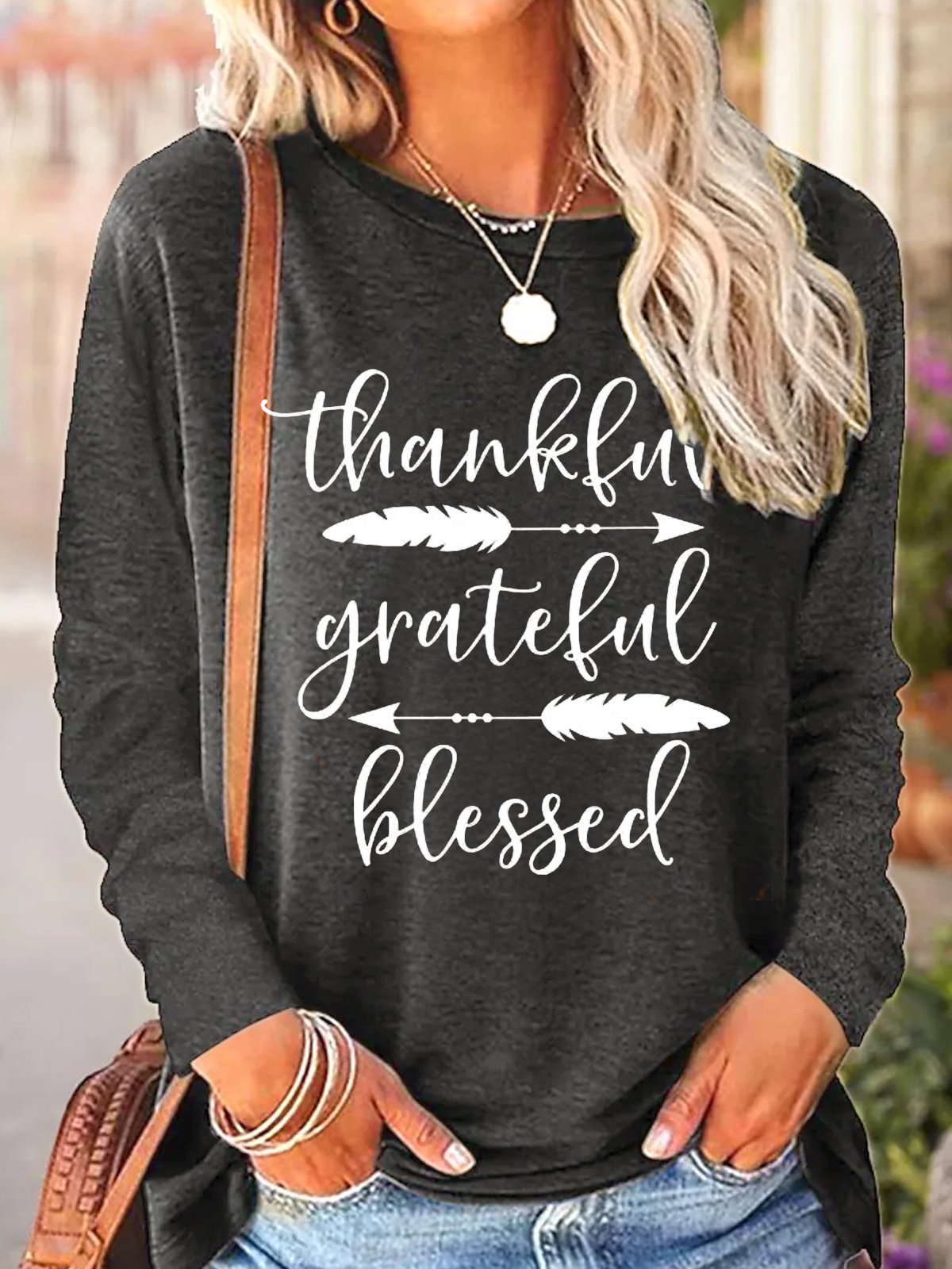 Womens Thankful Grateful Blessed Crew Neck Cotton-Blend Top