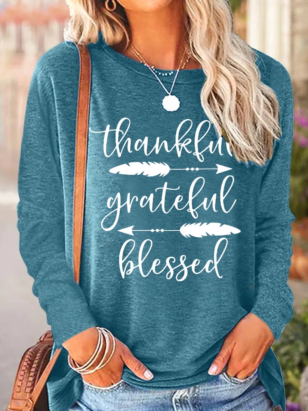 Womens Thankful Grateful Blessed Crew Neck Cotton-Blend Top