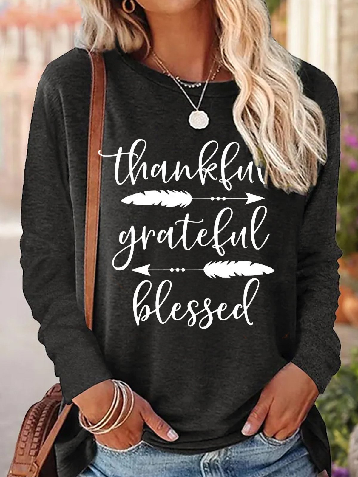 Womens Thankful Grateful Blessed Crew Neck Cotton-Blend Top