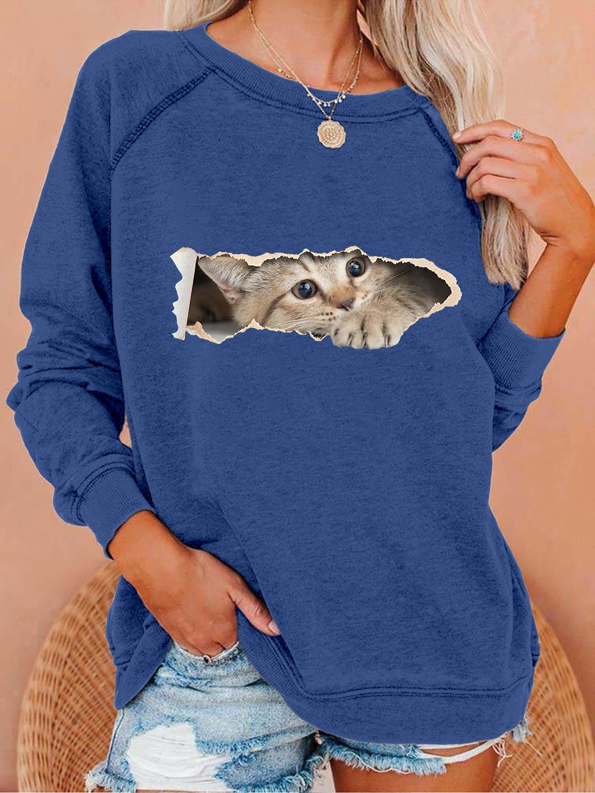 Women Funny Cat Simple Crew Neck Sweatshirt