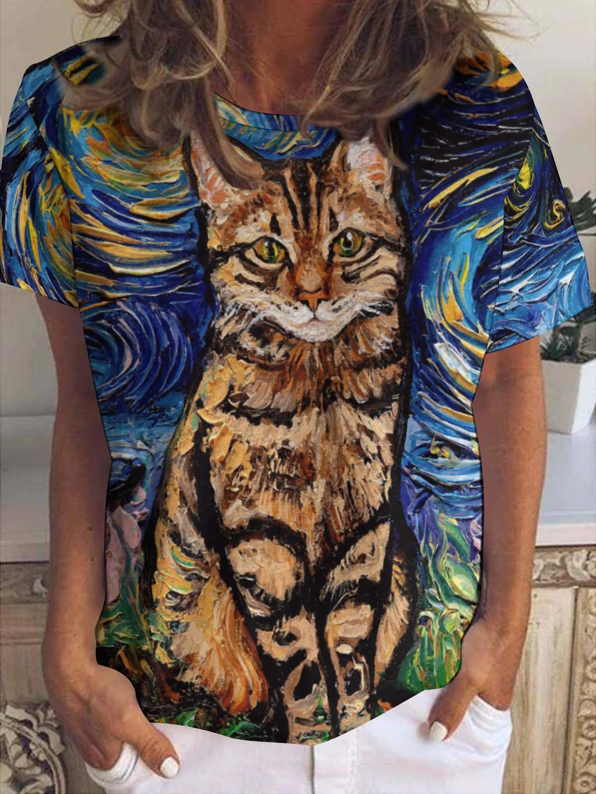 Women Cat Star Night Pattern Casual Loose T-Shirt