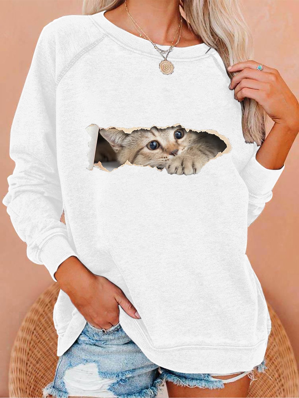 Women Funny Cat Simple Crew Neck Sweatshirt