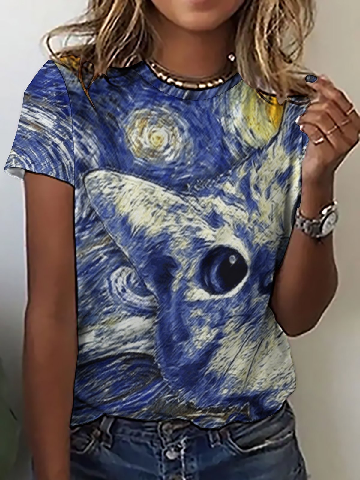 Women Cat Star Night Pattern Crew Neck T-Shirt