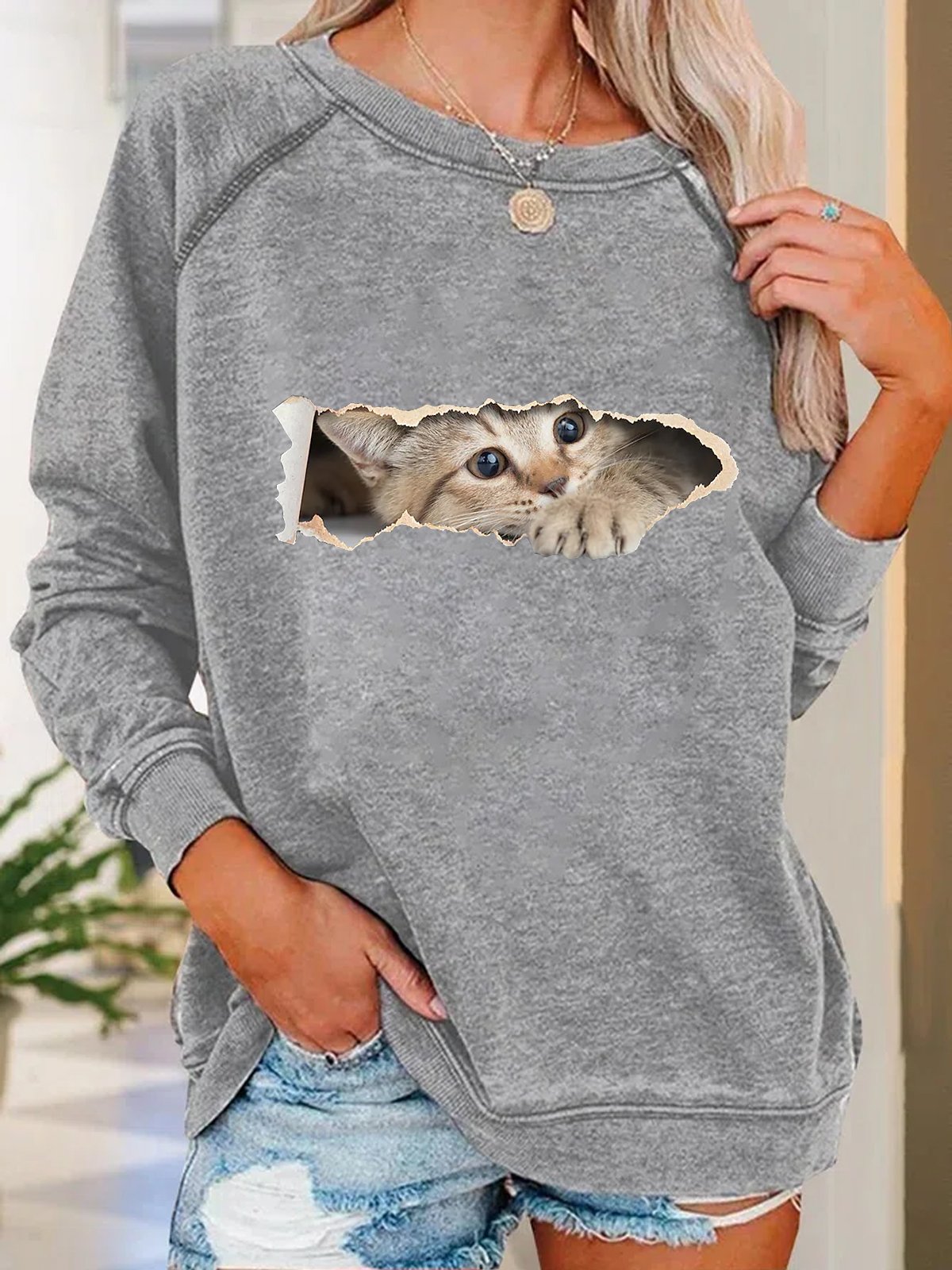 Women Funny Cat Simple Crew Neck Sweatshirt