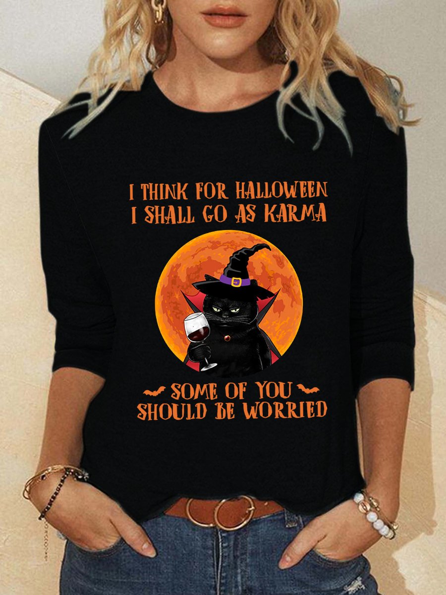 Women Funny I Think For Halloween I Shall Go As Karma Cat Witch Crew Neck Long Sleeve Top