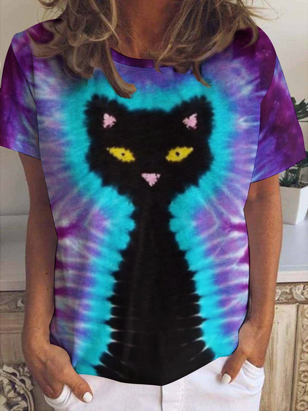 Womens Cat Lover Tie Dye Print Casual T-Shirt