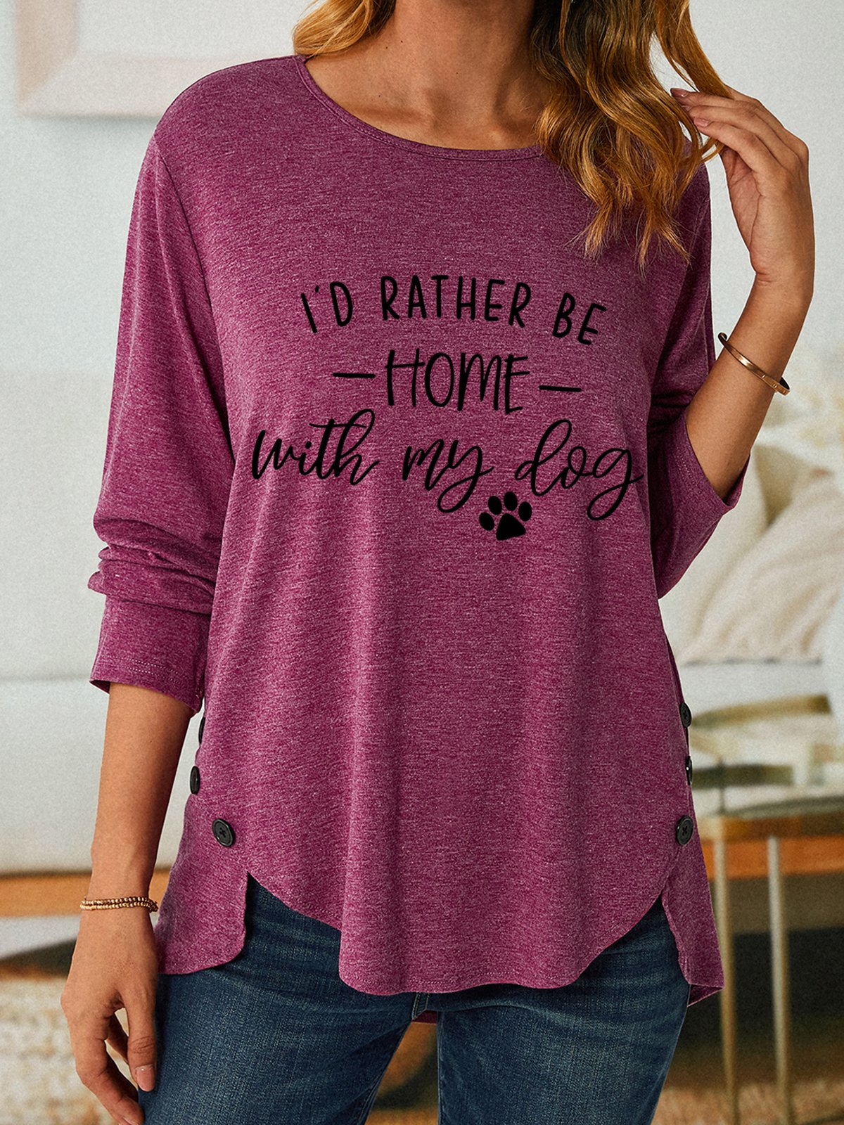 Women Dog lover I'd rather be home with my dog  Simple Cotton-Blend Top