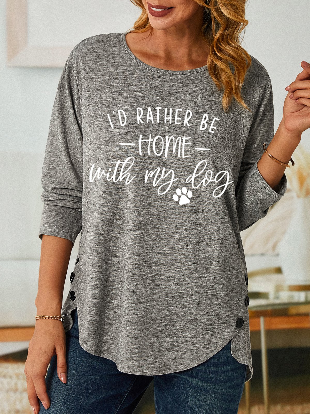 Women Dog lover I'd rather be home with my dog  Simple Cotton-Blend Top