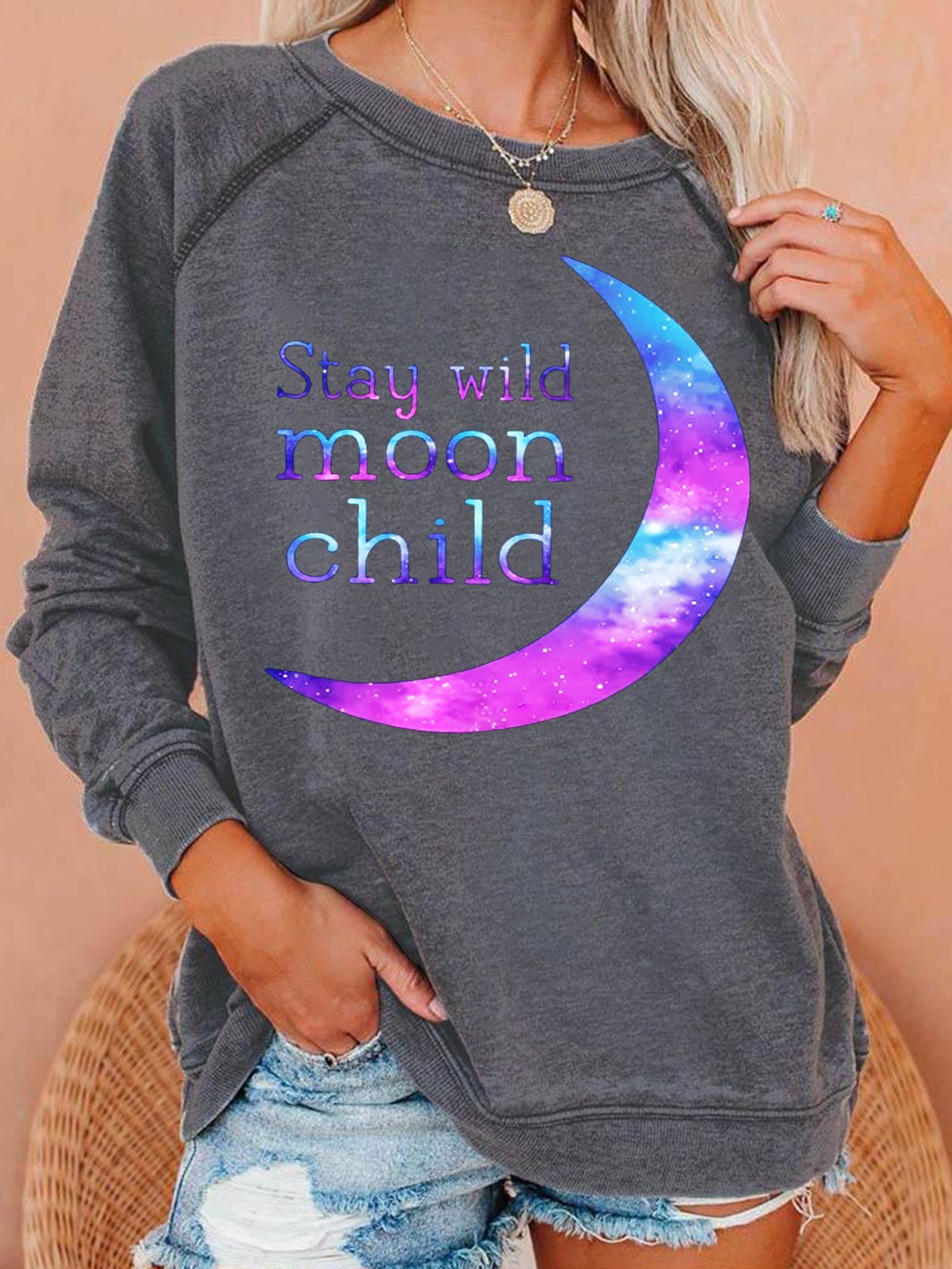 Womens Stay Wild Moon Child Print Crew Neck Sweatshirt