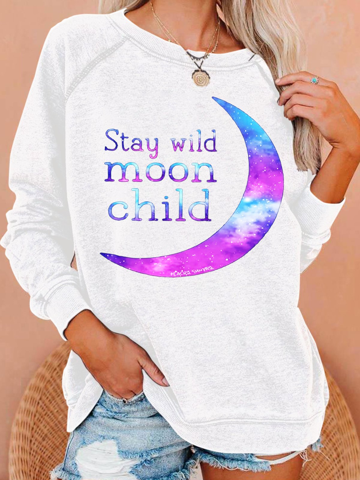 Womens Stay Wild Moon Child Print Crew Neck Sweatshirt