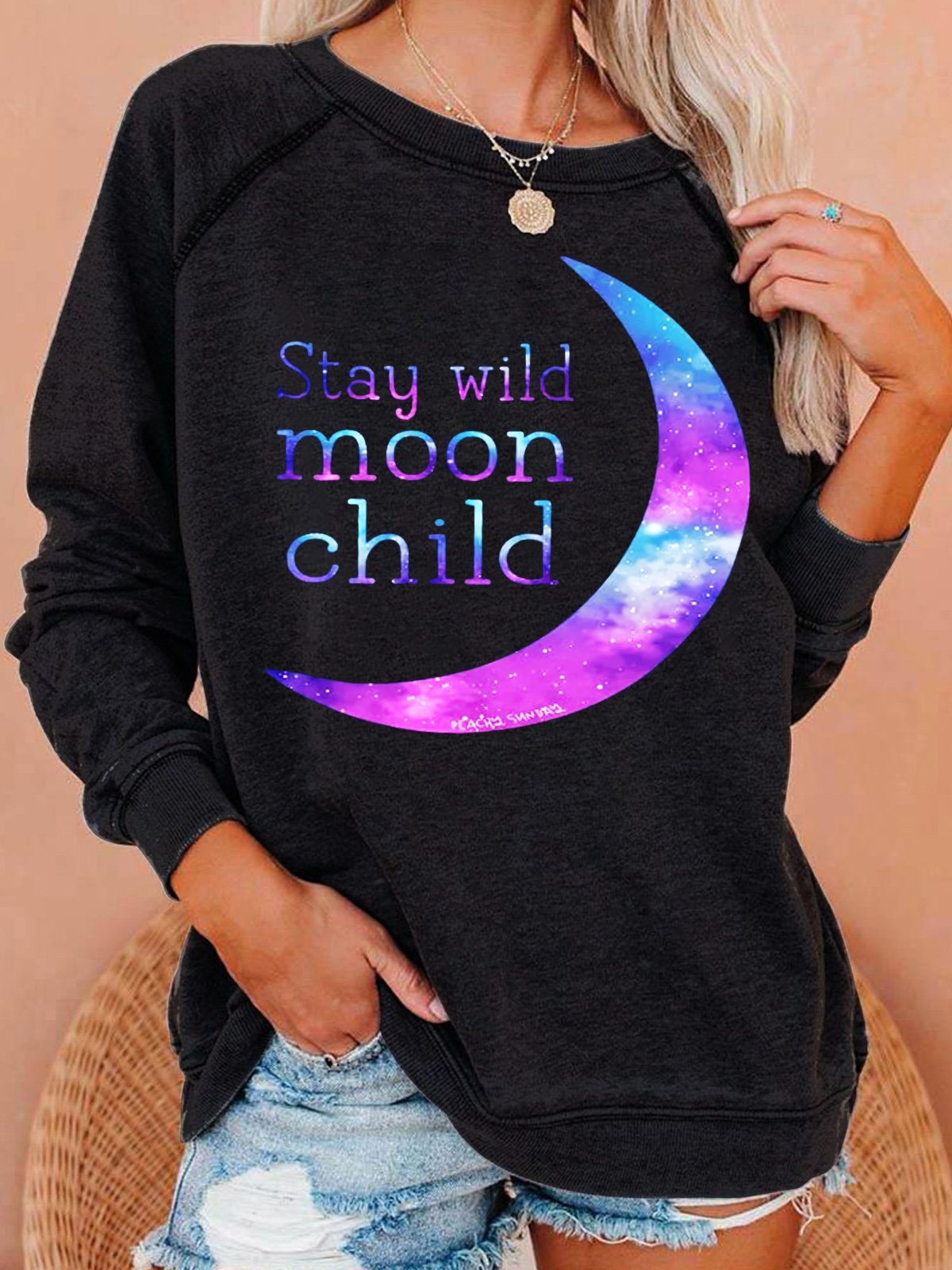 Womens Stay Wild Moon Child Print Crew Neck Sweatshirt