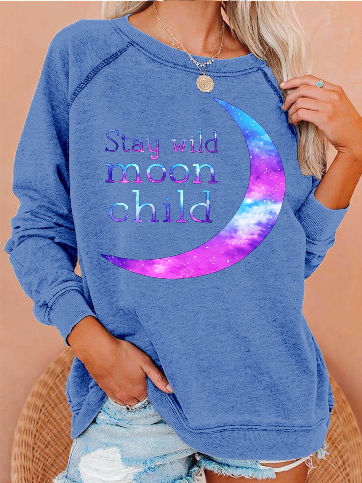 Womens Stay Wild Moon Child Print Crew Neck Sweatshirt