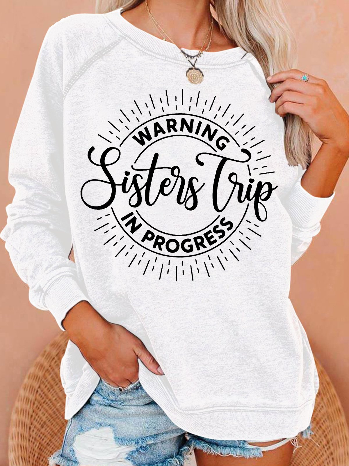 Womens Warning Sisters Trip In Progress Crew Neck Casual Sweatshirt