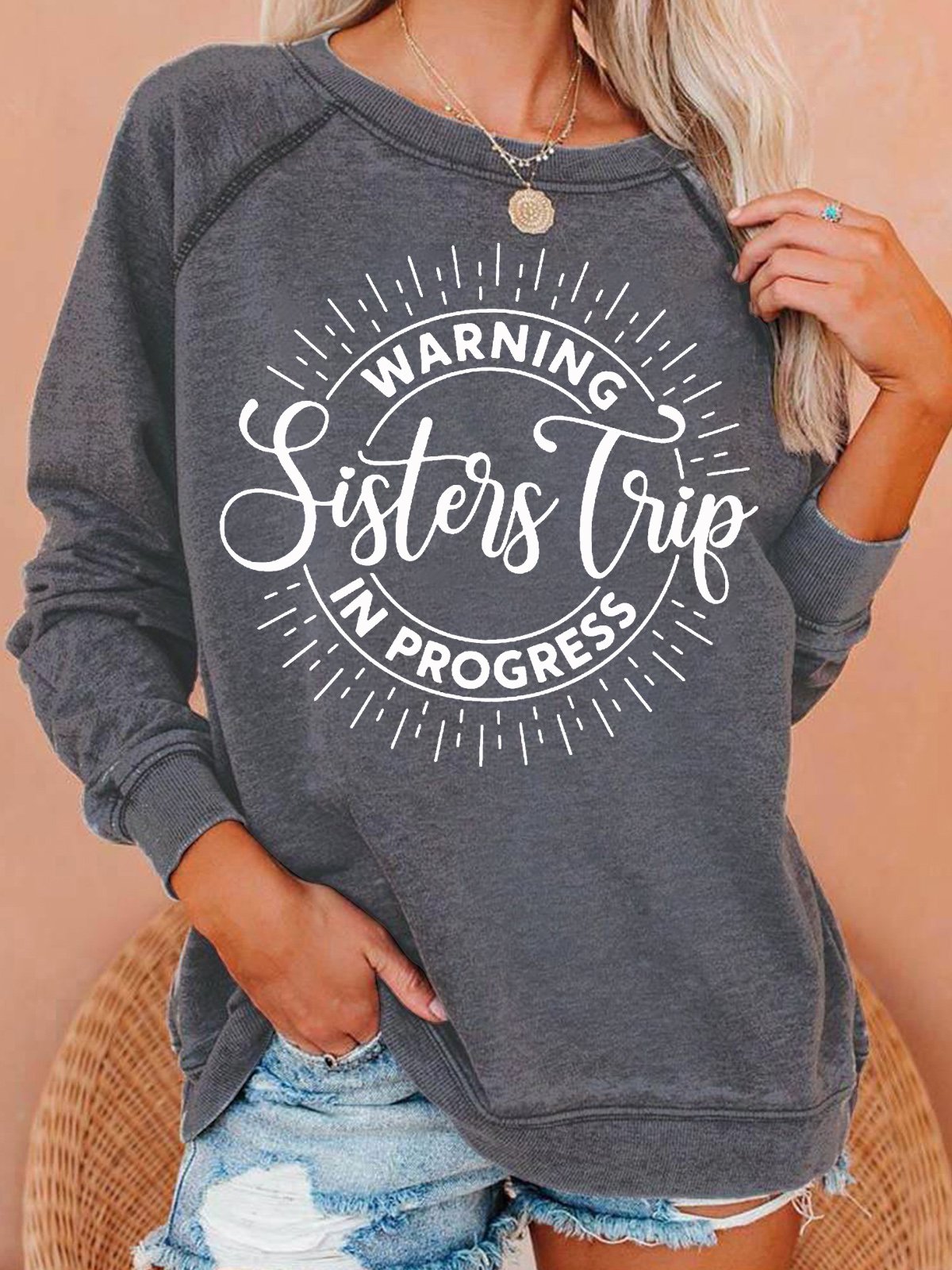 Womens Warning Sisters Trip In Progress Crew Neck Casual Sweatshirt