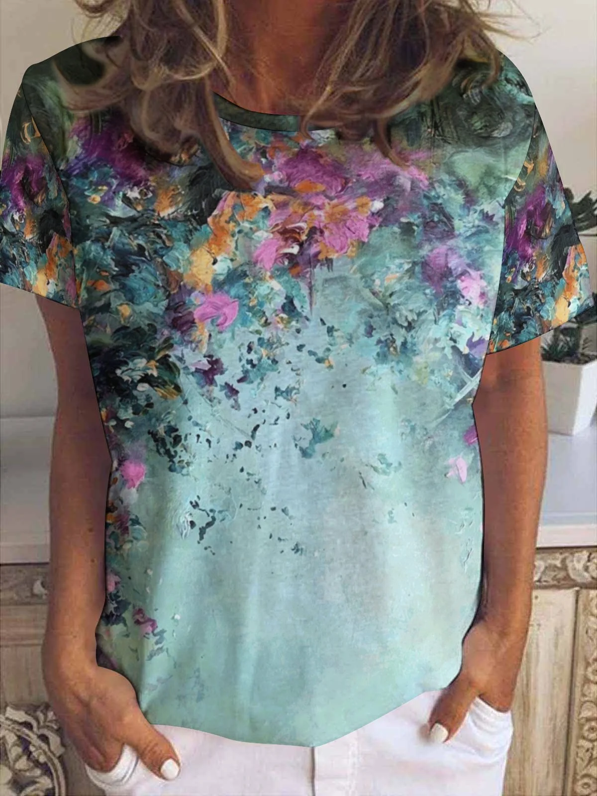 Women Large Format Flowers Pattern Loose Casual Cotton-Blend T-Shirt