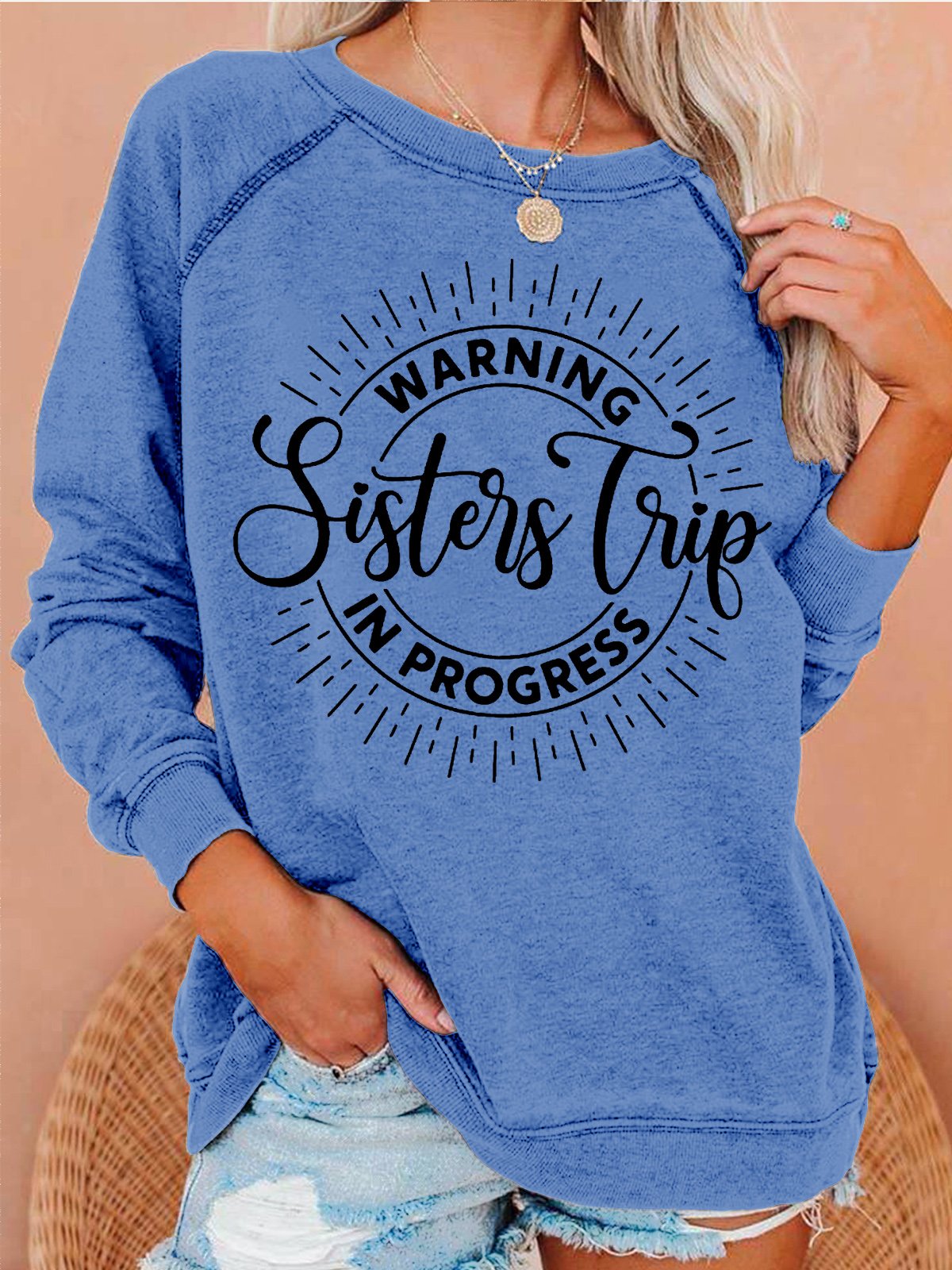 Womens Warning Sisters Trip In Progress Crew Neck Casual Sweatshirt