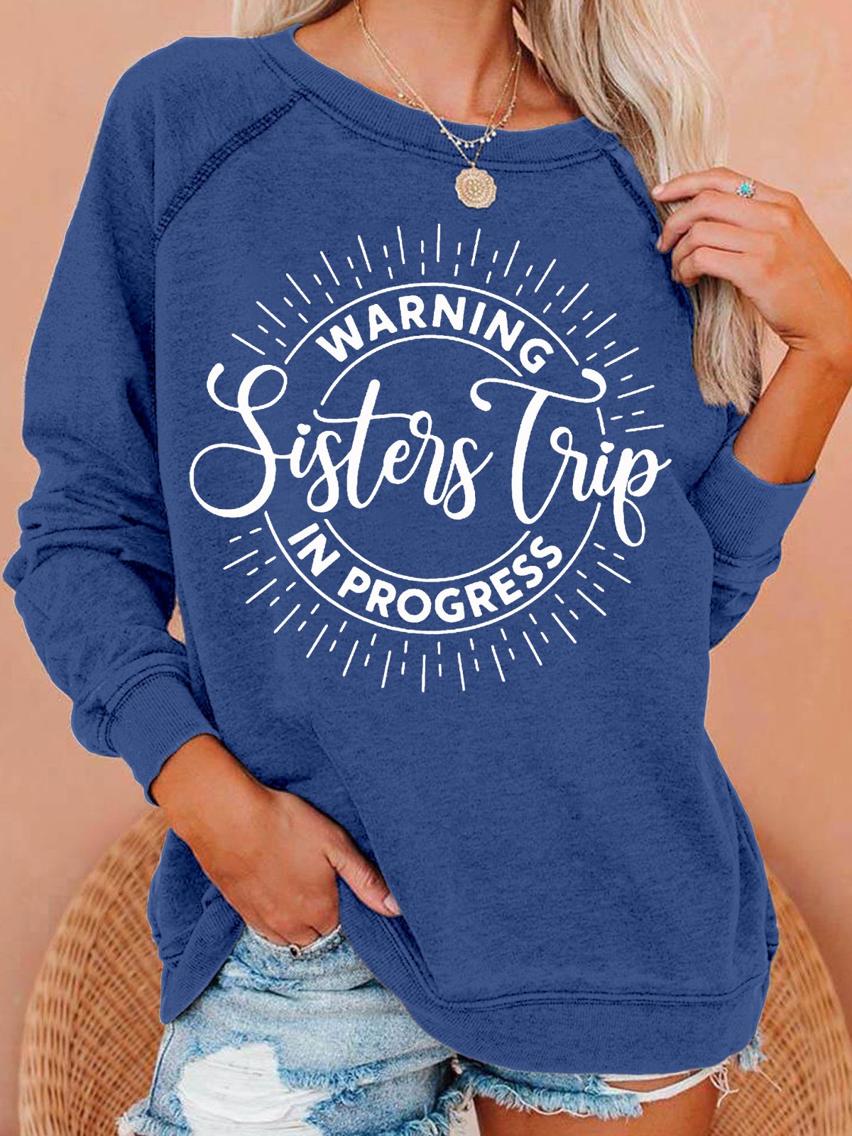 Womens Warning Sisters Trip In Progress Crew Neck Casual Sweatshirt