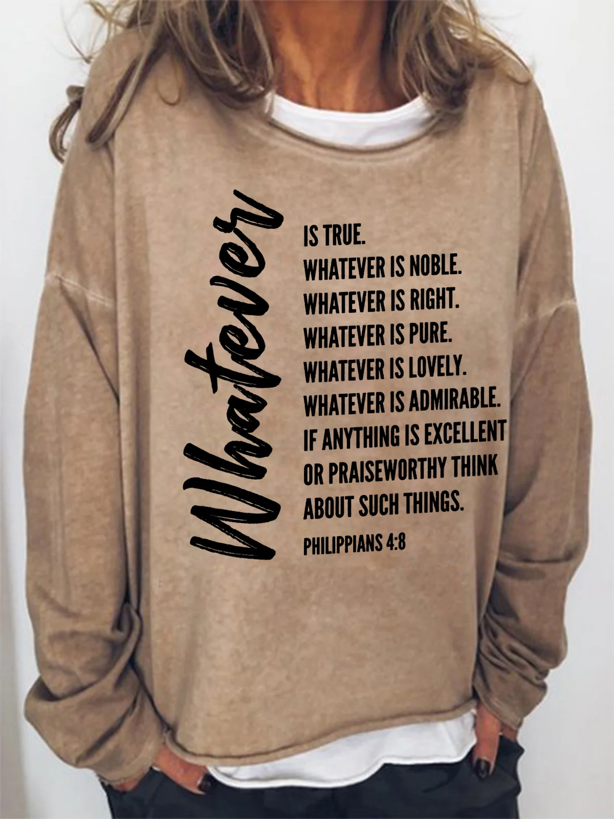 Women Whatever Is True Christian Bible Verse Philippians 4:8 Crew Neck Sweatshirt