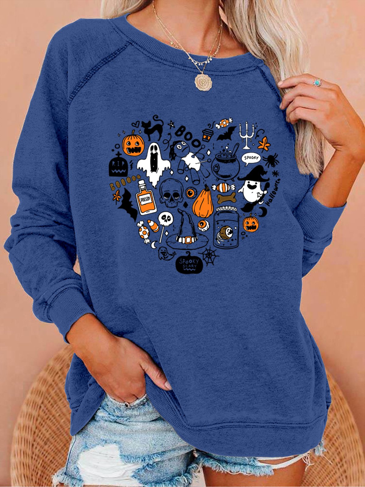 Women Doodles Halloween Witch Heart Loose Crew Neck Halloween Sweatshirts