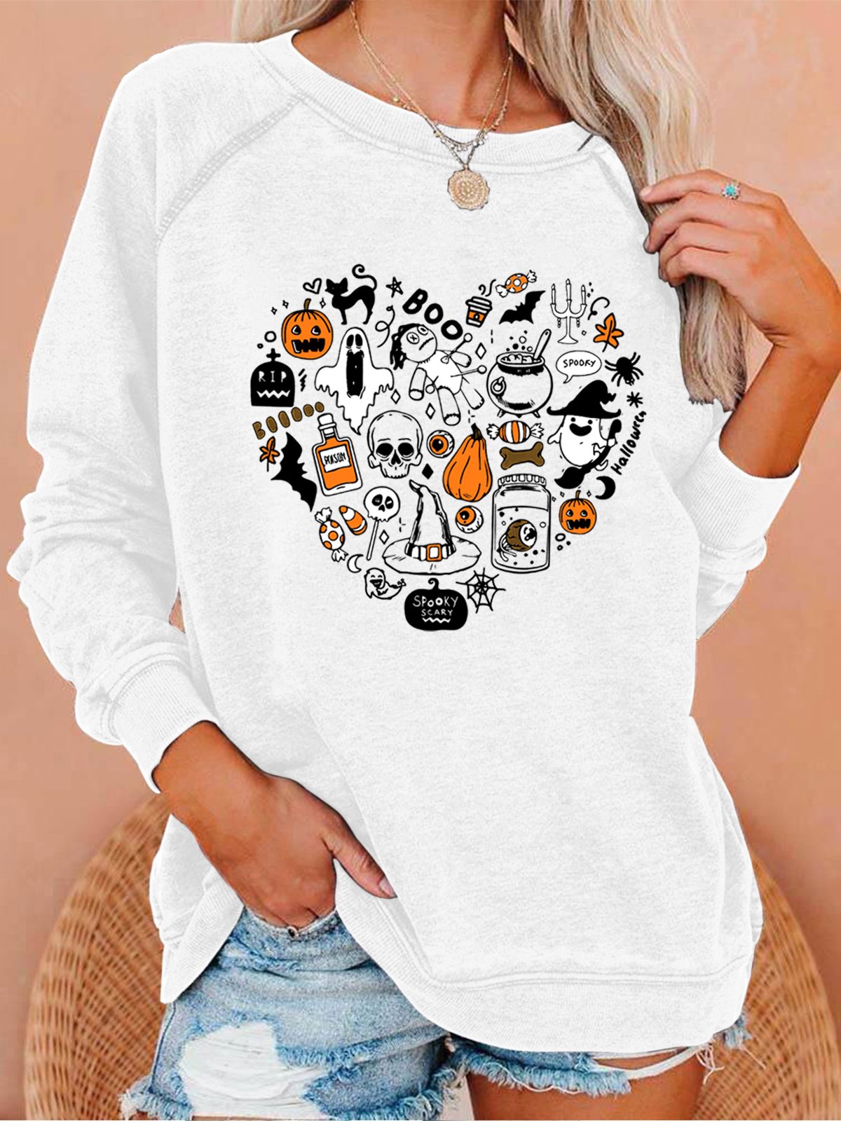 Women Doodles Halloween Witch Heart Loose Crew Neck Halloween Sweatshirts