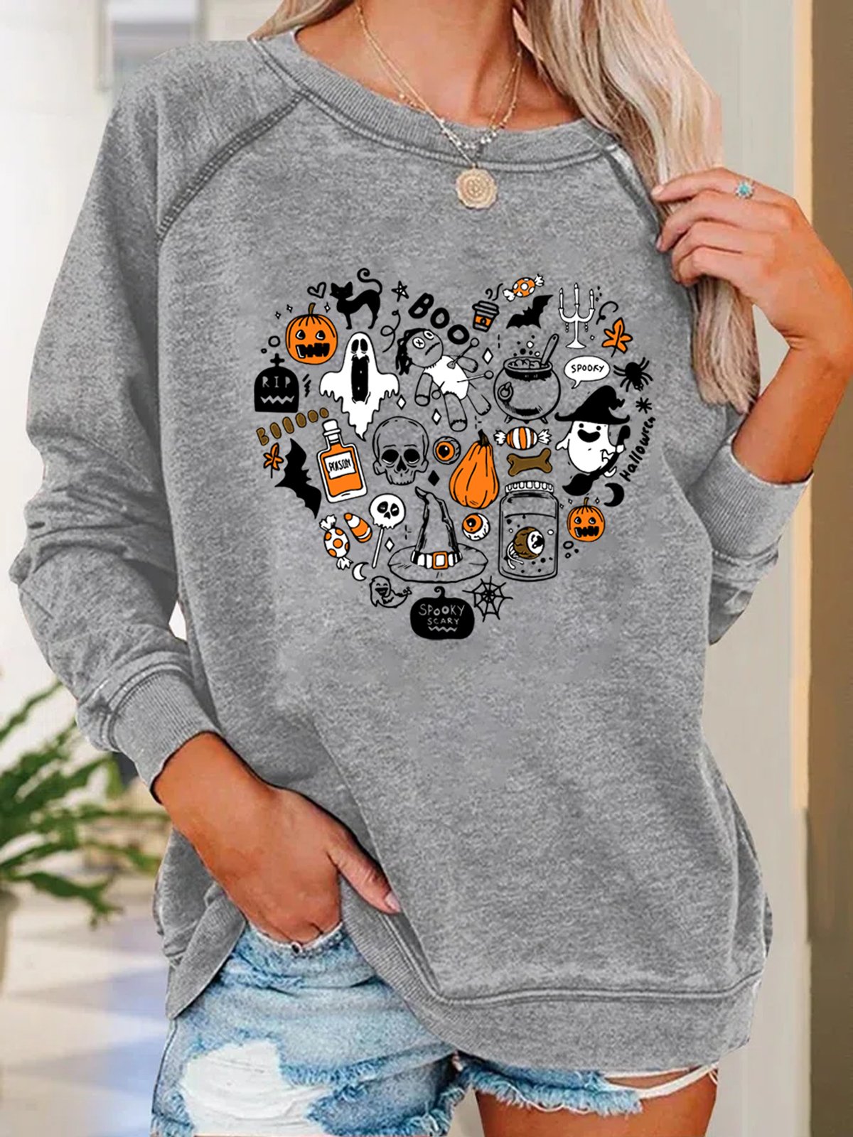 Women Doodles Halloween Witch Heart Loose Crew Neck Halloween Sweatshirts