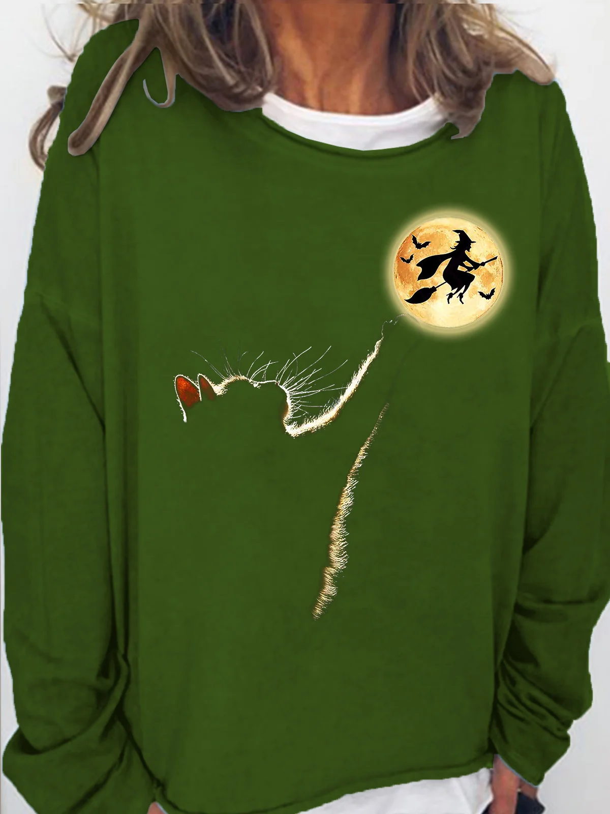 Womens Cat Catching The Moon Funny Cat Halloween Crew Neck Sweatshirts