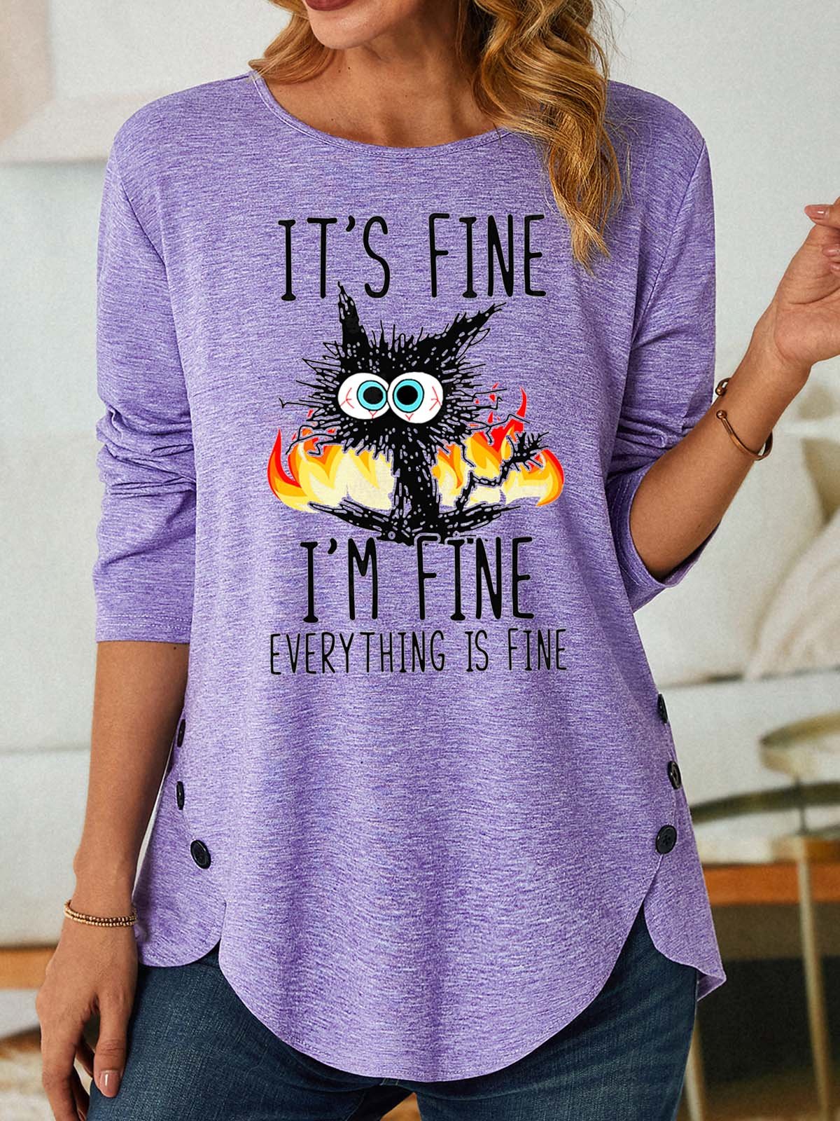 Women I’m Fine Black Cat Crew Neck Casual Top