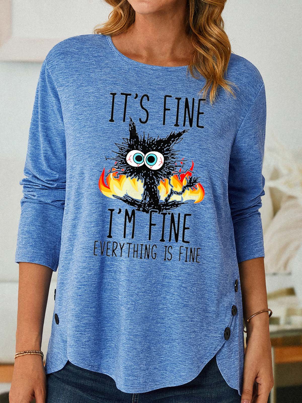 Women I’m Fine Black Cat Crew Neck Casual Top