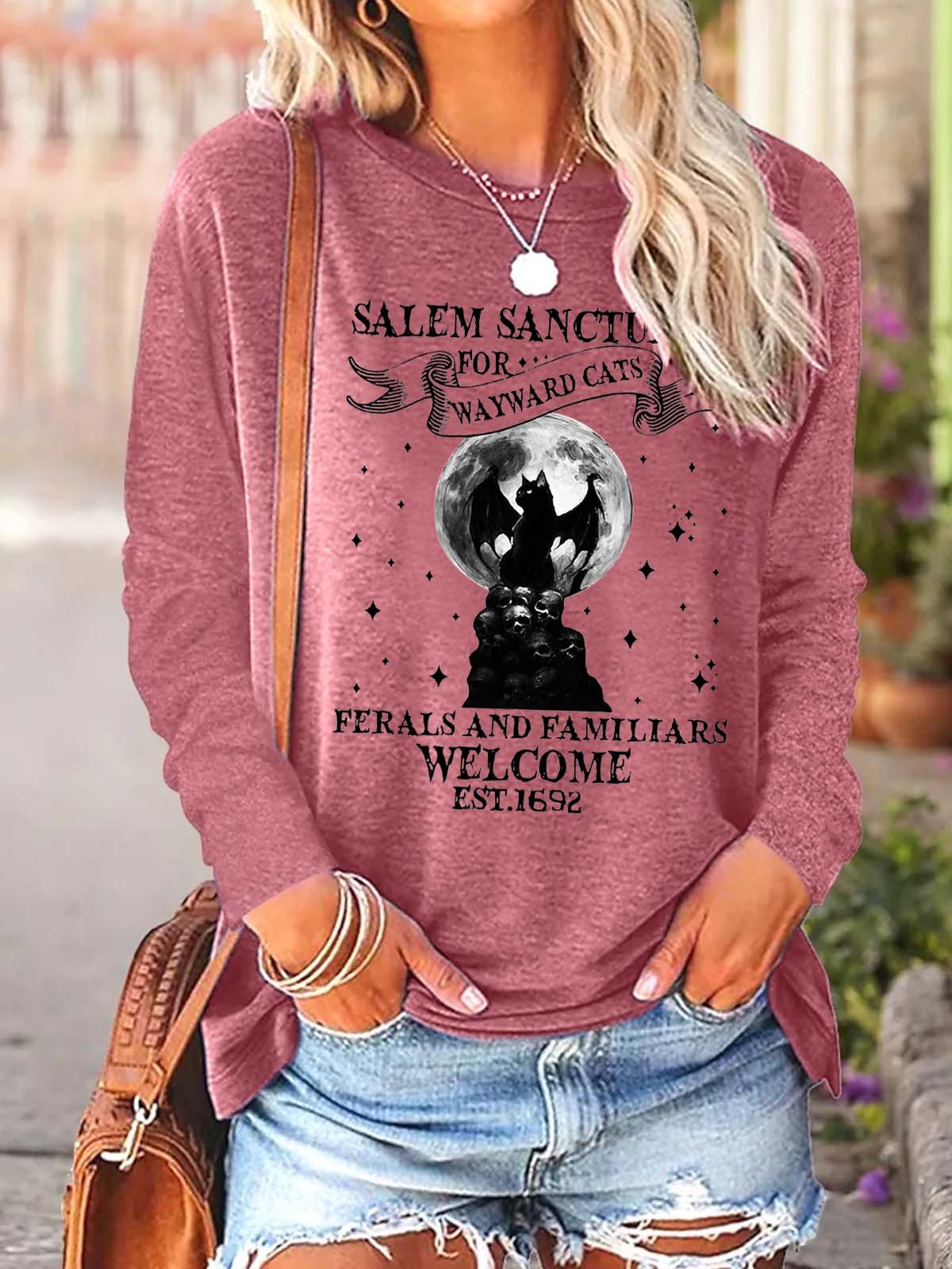 Women Black Cat Bats Casual Halloween Crew Neck Top