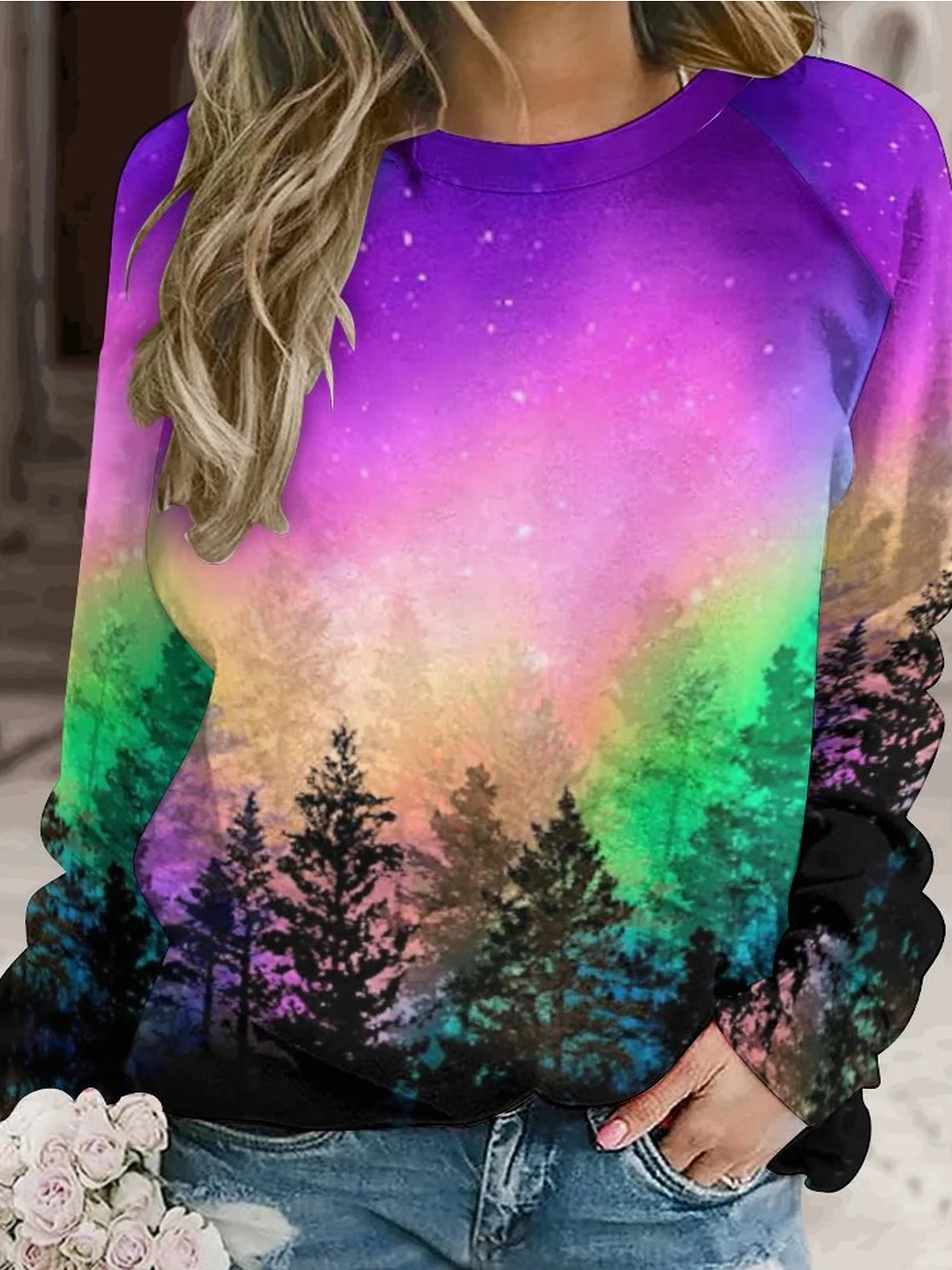 Womens Art Print Crew Neck Casual Sweatshirt