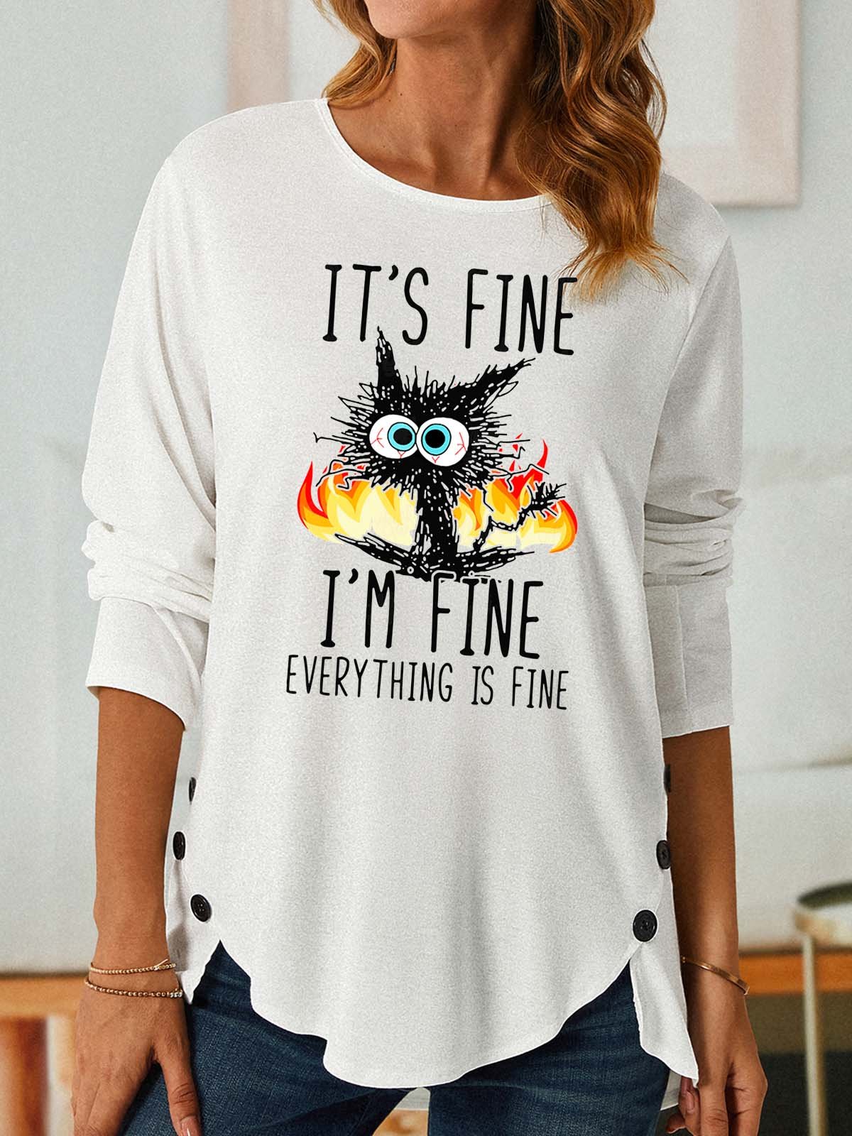 Women I’m Fine Black Cat Crew Neck Casual Top