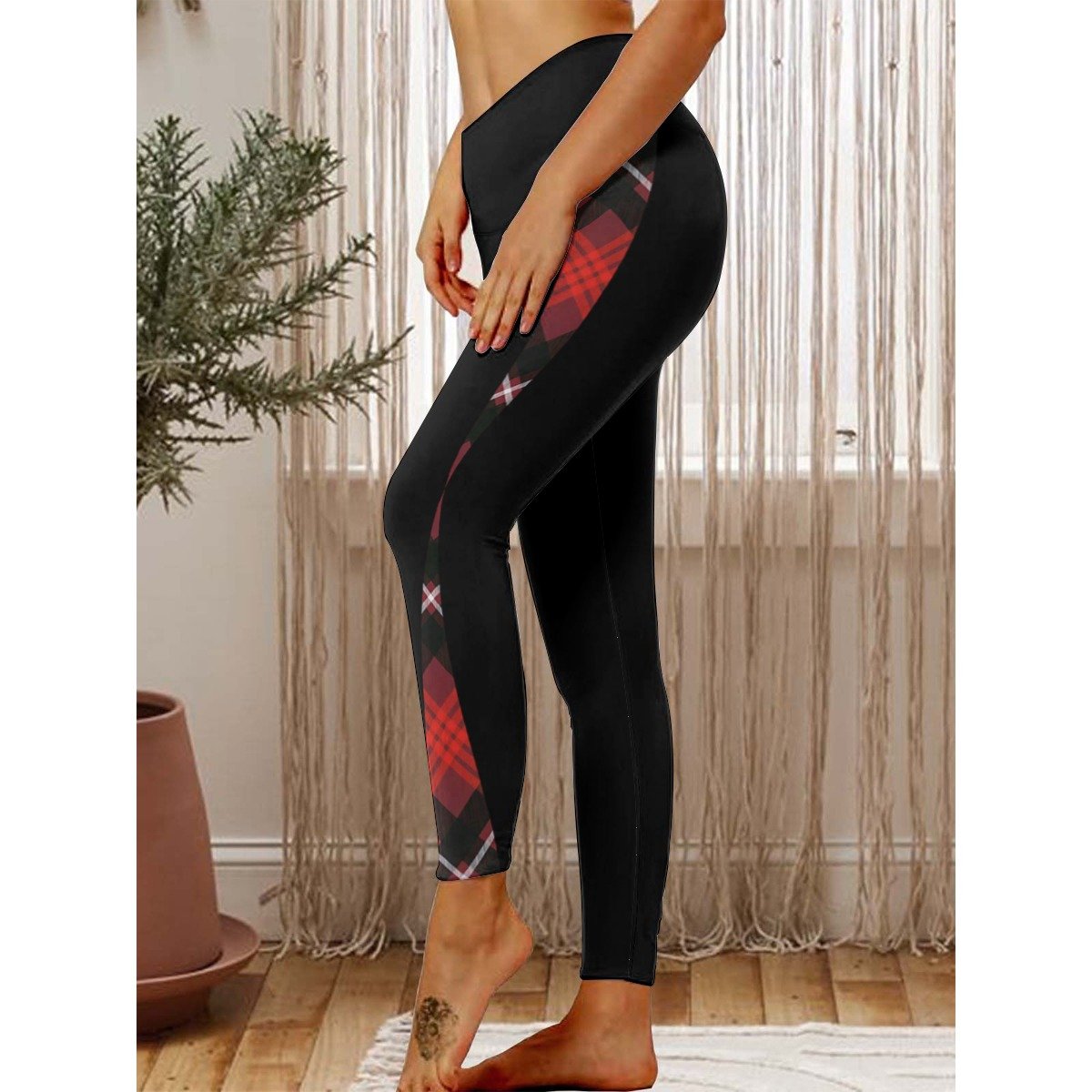 Women Red Plaid Vintage Simple Leggings