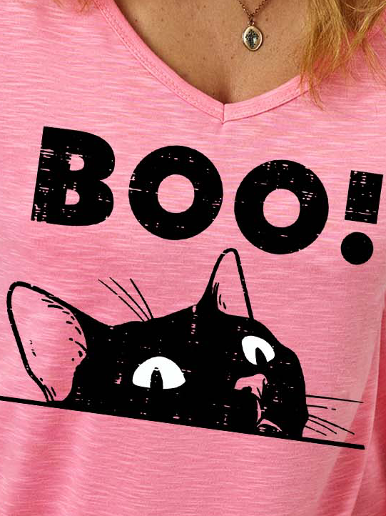 Women Black Cat Boo Halloween Casual T-Shirt