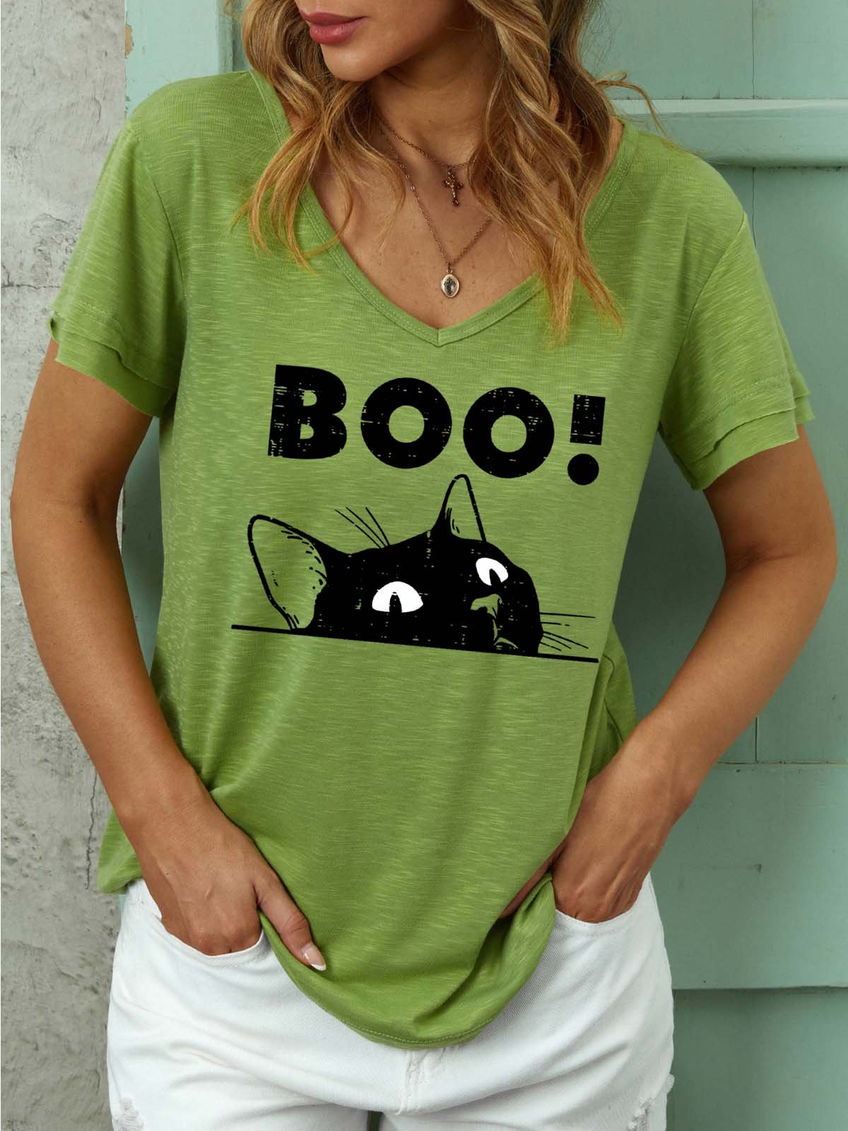 Women Black Cat Boo Halloween Casual T-Shirt