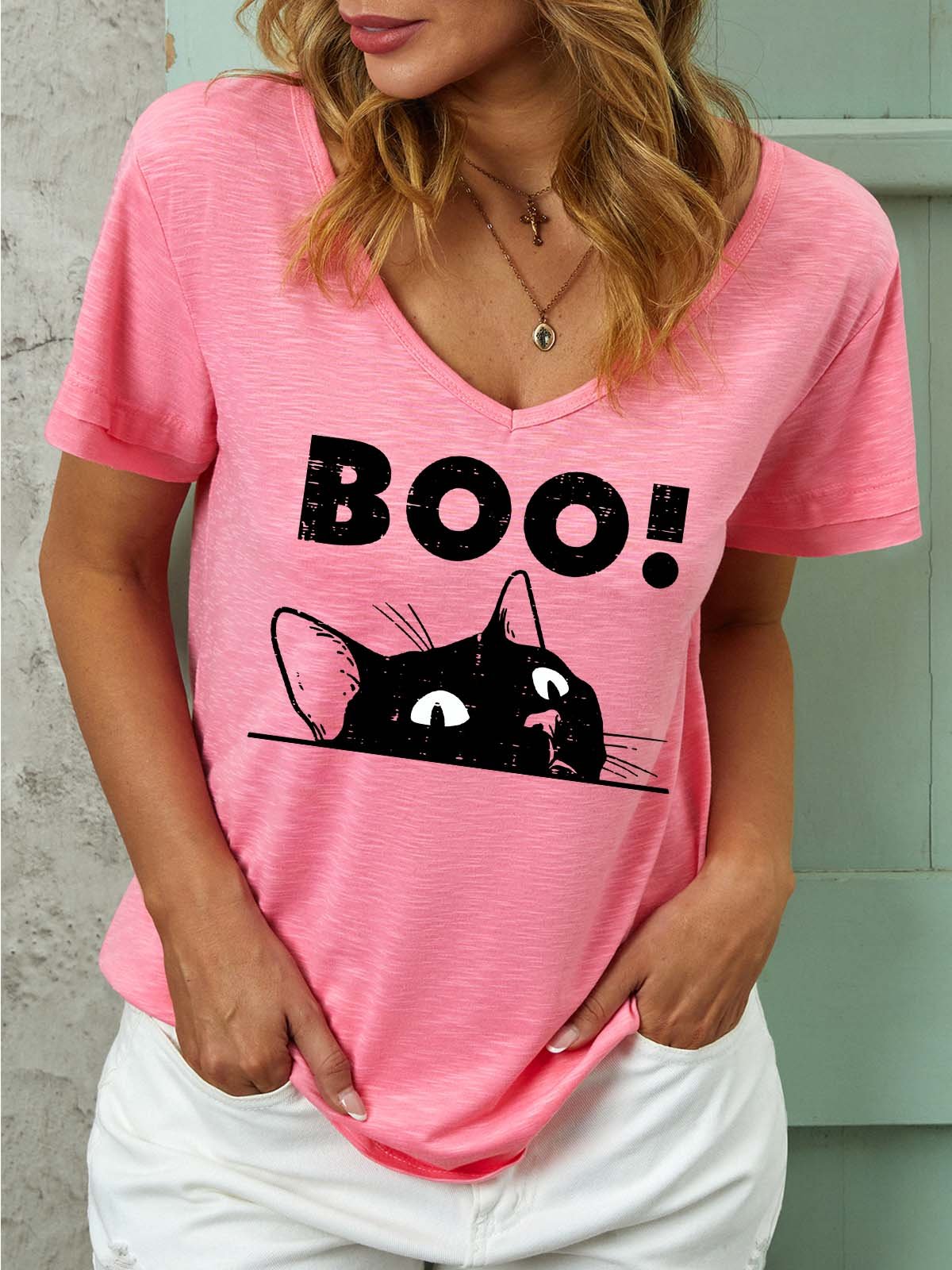 Women Black Cat Boo Halloween Casual T-Shirt