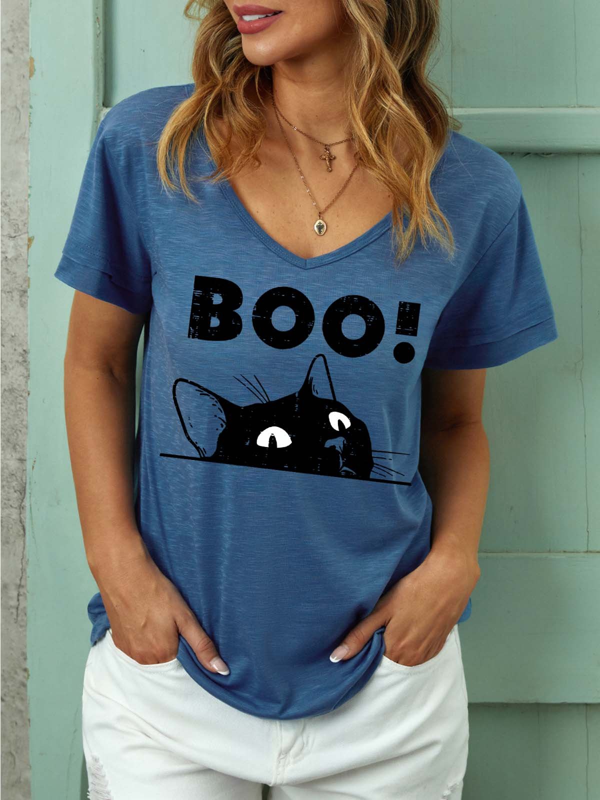 Women Black Cat Boo Halloween Casual T-Shirt