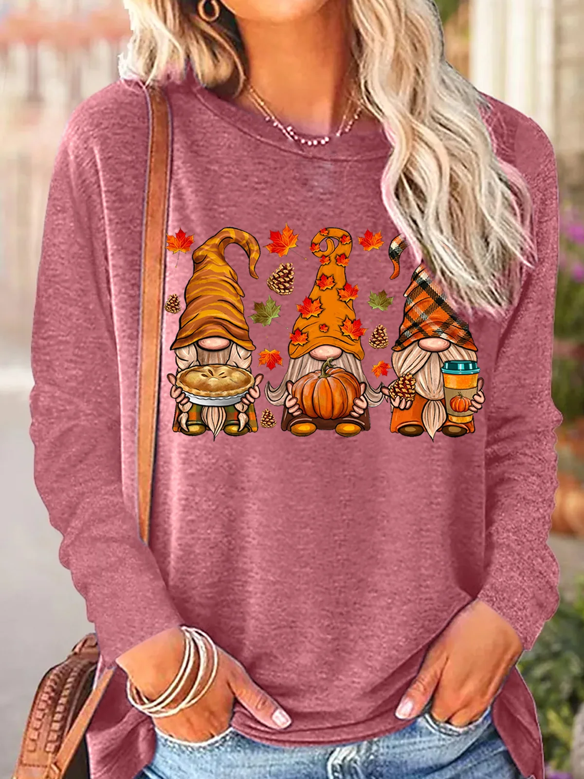 Women's Fall Gnomes Autumn Pumpkin Thanksgiving Casual Long Sleeve Top